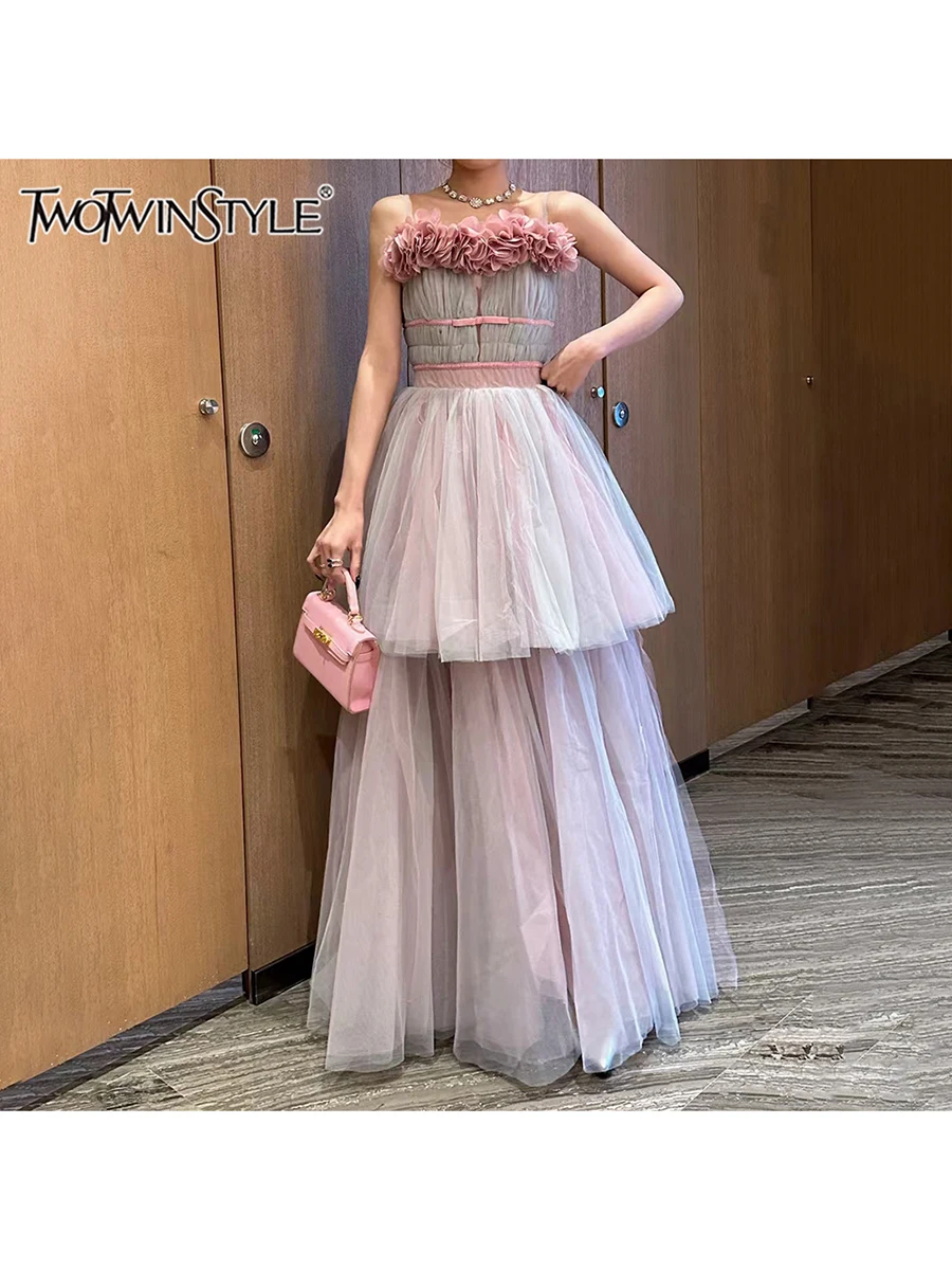 

TWOTWINSTYLE однотонные сетчатые свободные платья для женщин без бретелек без рукавов с высокой талией темпераментное длинное платье женская мода