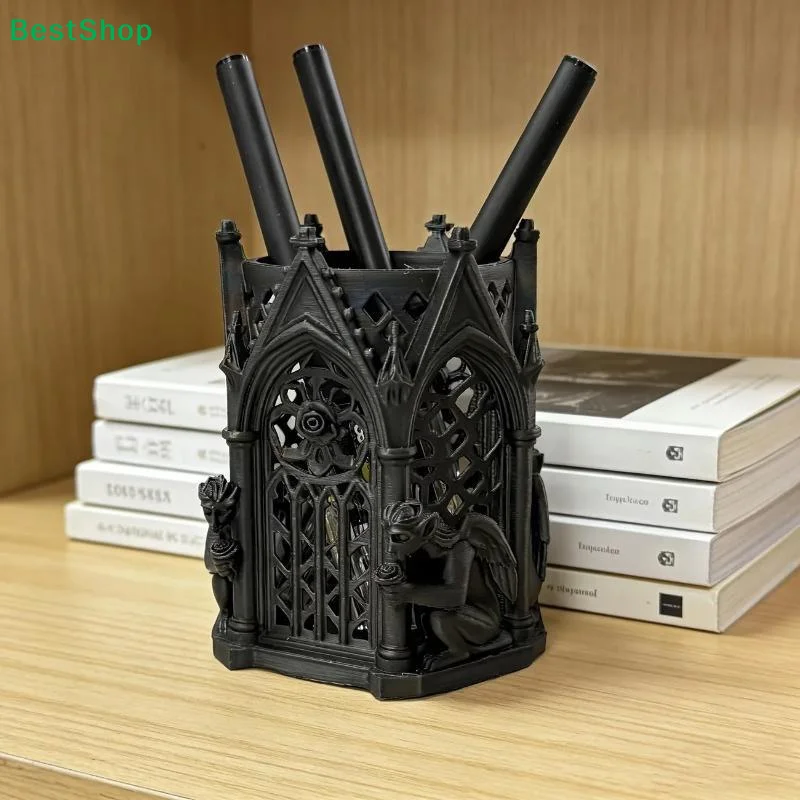 〔R〕3D Printed Gothic Architecture Pen Holder Multifunctional Makeup Brush Storage Box Desktop Decoration Gift