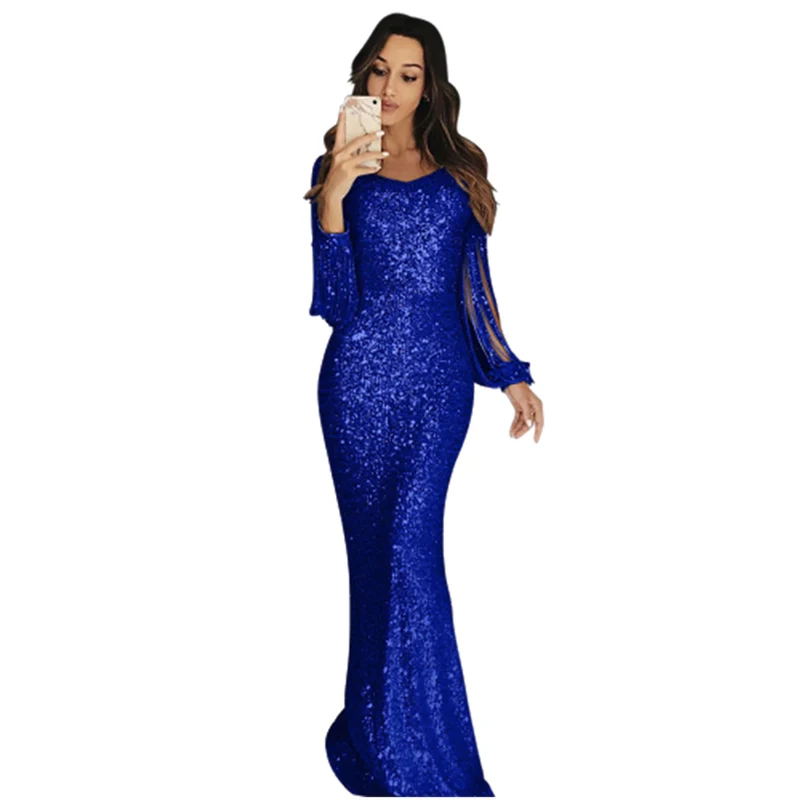 

Women Elegant Mature Evening Gowns Fashion Shiny Sequins Decoration Fringed Long Sleeve Dressy Ladies Commuter Wrap Hip Dresses