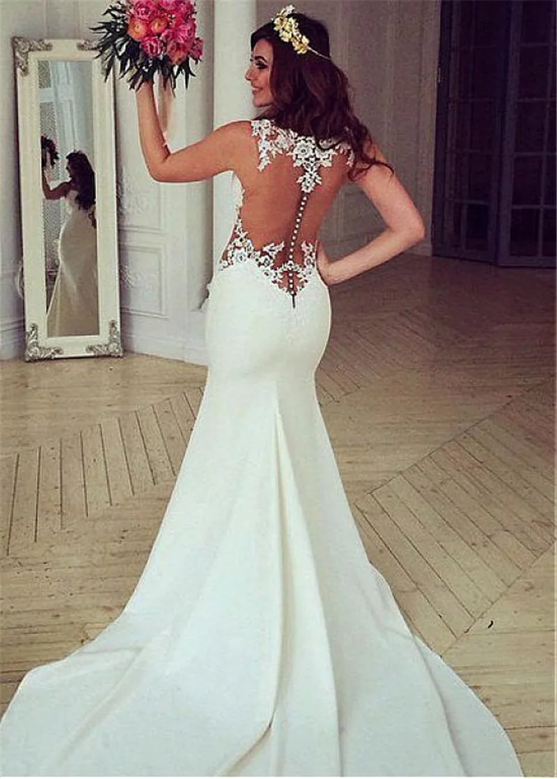 Vestidos De novia con apliques De encaje De cuello redondo, vestidos De novia De sirena ajustados naturales, vestidos De novia personalizados sin mangas, vestido De novia transparente en la espalda