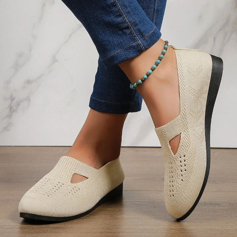 Nieuwe Stijl Damesmode Ronde Neus Plat Antislip Damesschoenen Effen Kleur Mesh Ondiepe Mond Slip-On Damesschoenen Grote Maat 43