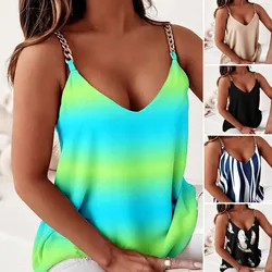 Patchwork Chain Women Streetwear Basic Tops Sleeveless Print V Neck Summer Casual Blouse Lady Hollow Out Off Shoulder Pullovers