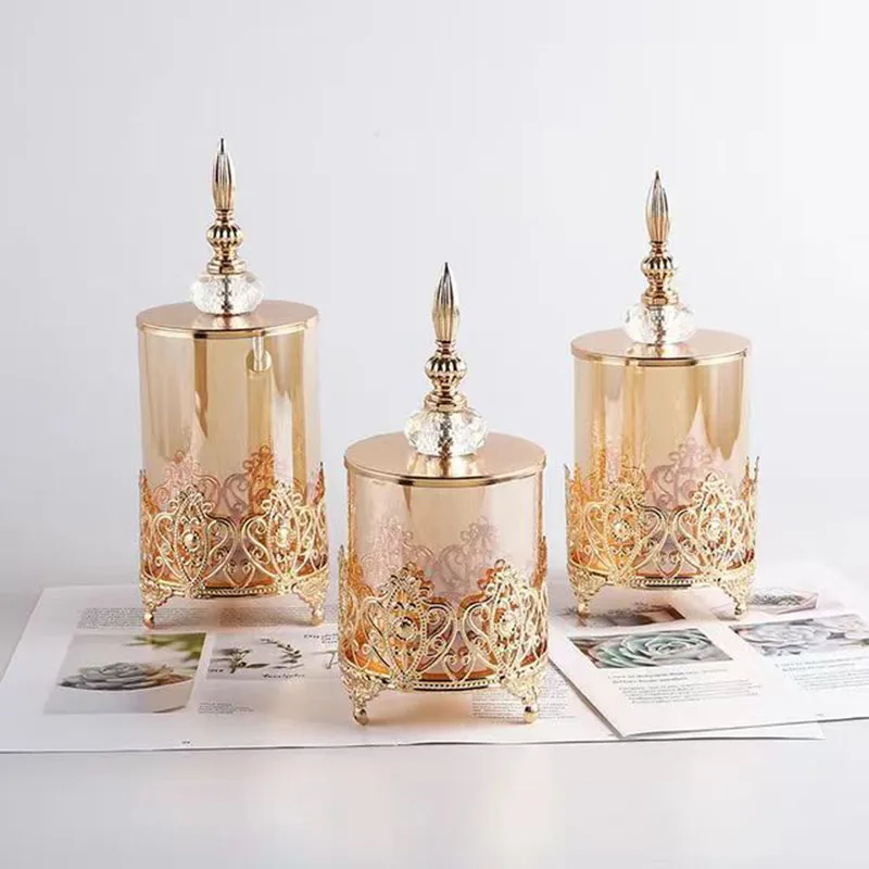 Tarro decorativo de cristal transparente de lujo europeo, joyero de almacenamiento en relieve, tarro de algodón para dulces, decoración creativa para el hogar