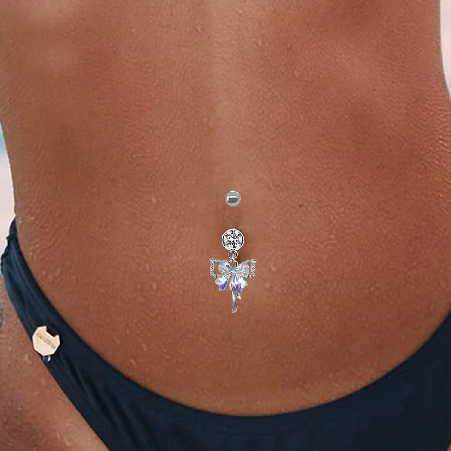 1PC Dangle Belly Button Ring Bow Tie Shape Pendant Inlaid Shiny Rhinestone Navel Ring Barbell Body Pircing Jewelry