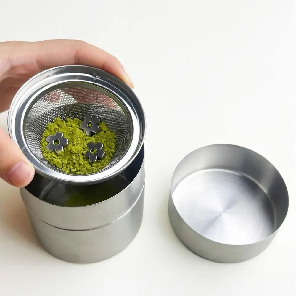 304 Stainless Steel Matcha Powder Jar Moisture Proof Portable Tea Storage Canister Mesh Powder Sieve Cylindrical