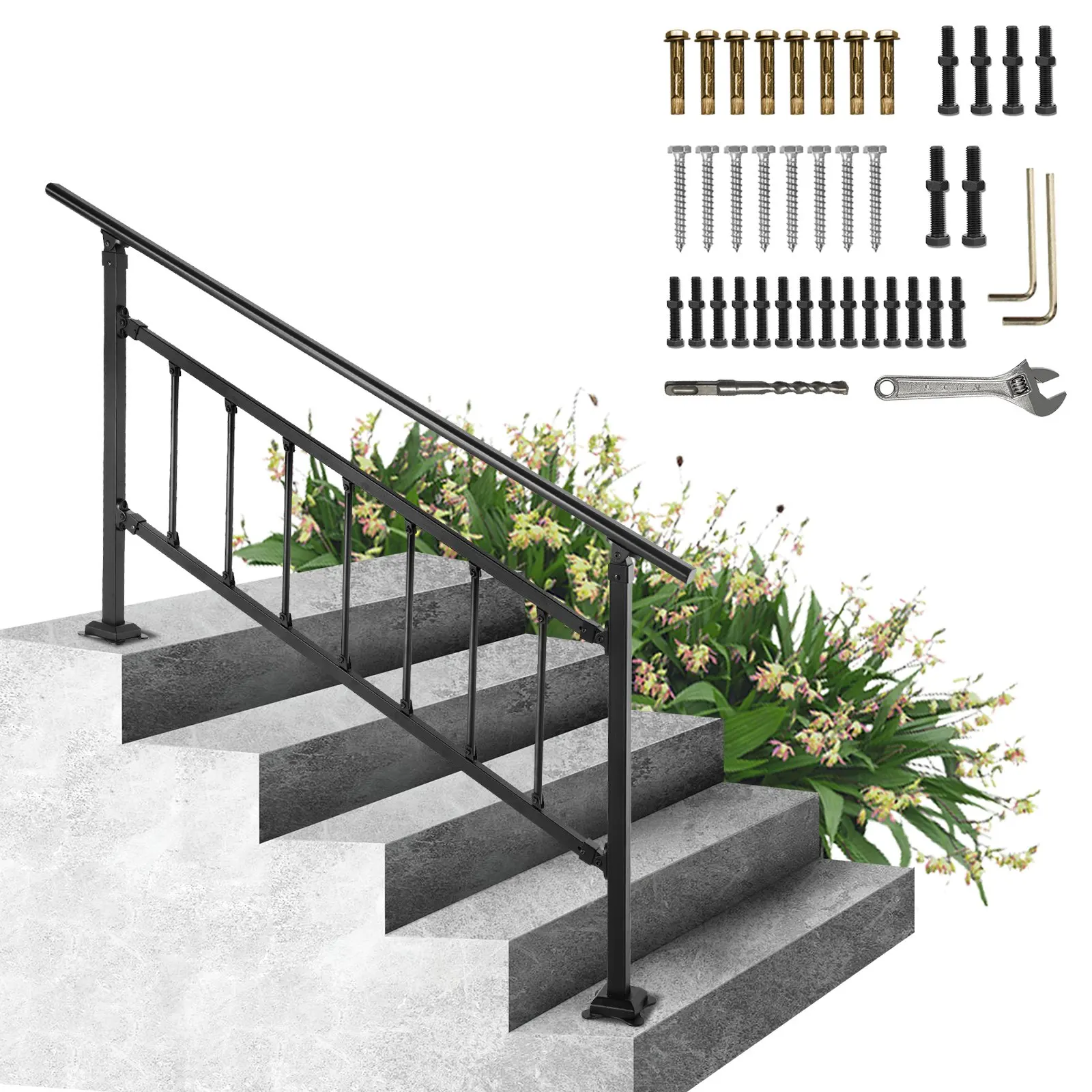 Outdoor Stair Railing, Fits For 1-5 Steps Transitional Wrought Iron Handrail, Adjustable Exterior Stair Railing With Fence,