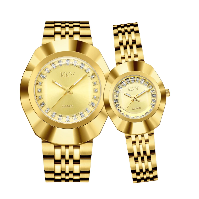 Couple Watch Men\'s Watches Full Gold Luxury Quartz Women Round Clock Ladies Wristwatch Big Dial Waterproof Lovers Watch Relogio