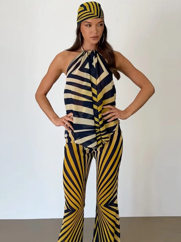 Gestreiftes Neckholder-Top und Hose, 2-teiliges Set für Damen, Sexy Ärmelloses Oberteil mit Unregelmäßigem Saum, Weite Hosen, Schicke Damenoutfits, Neu – Detail 15