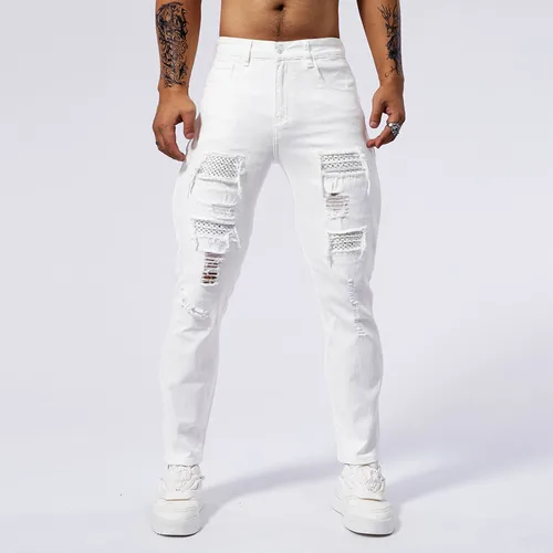 Pantalones vaqueros blancos de algodón para hombre, ajustados, elásticos, con agujeros rasgados, pantalones vaqueros coreanos a la moda, pantalones ajustados Rock, ropa informal estilo Hip-hop