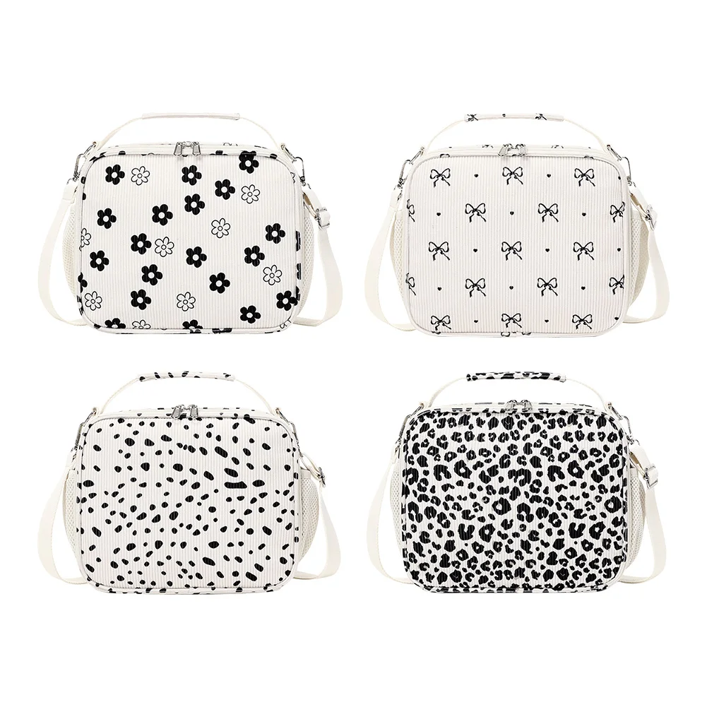 กระเป๋าใส่อาหารกลางวันแบบมีฉนวนผ้าลูกฟูก กระเป๋าใส่อาหารปิกนิกขนาดใหญ่ กระเป๋าใส่อาหารกลางวันพิมพ์ลายดอกไม้สำหรับการเดินทางไปโรงเรียนทำงานปิกนิก