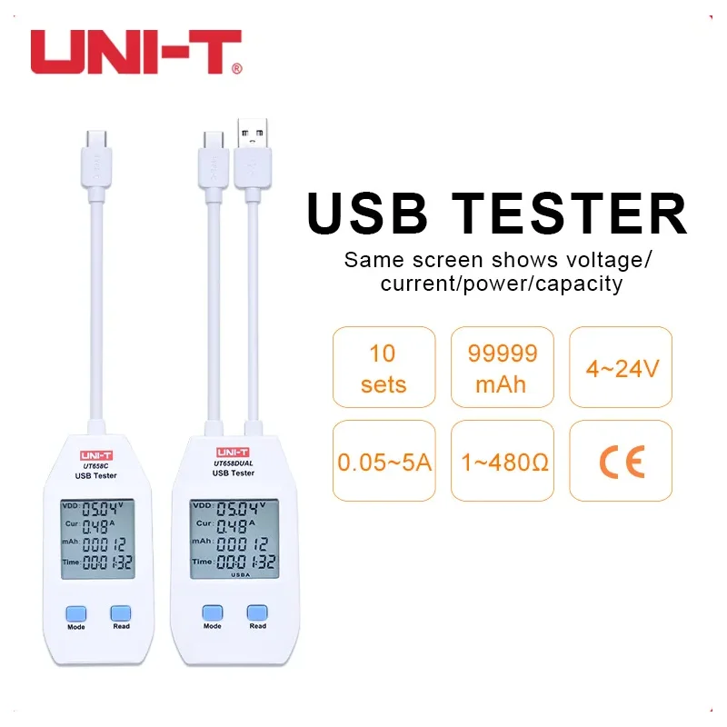 UNI-T Digital USB Capacity Tester UT658 Series Type-C Type-A Interface Voltage and Current Monitors LCD Backlight Storage