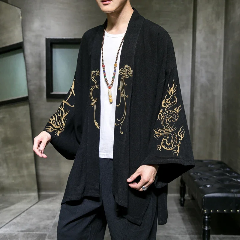 Embroidery Men's Trench Coat Cotton Hanfu Linen Chinese Style Robe Cardigan Jacket Casual Oversized Kimono 5XL Ancient Coat Male