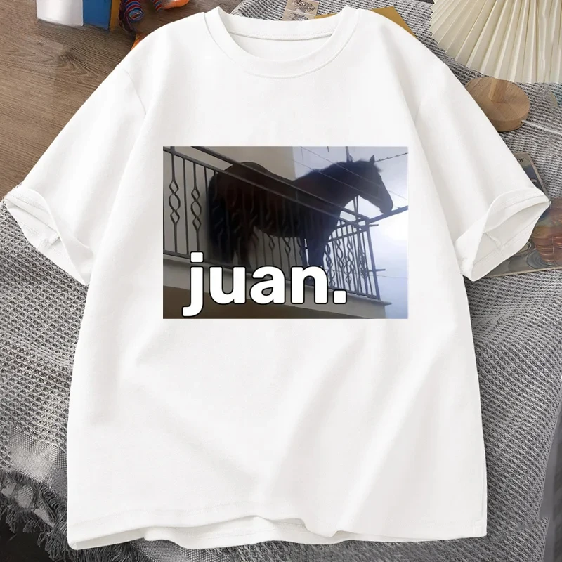 Juan Silly Horse on Balcony Dank Meme Graphic T Shirts Funny Woman O Neck Casual Short Sleeve Tee Shirt Summer Tops Oversized