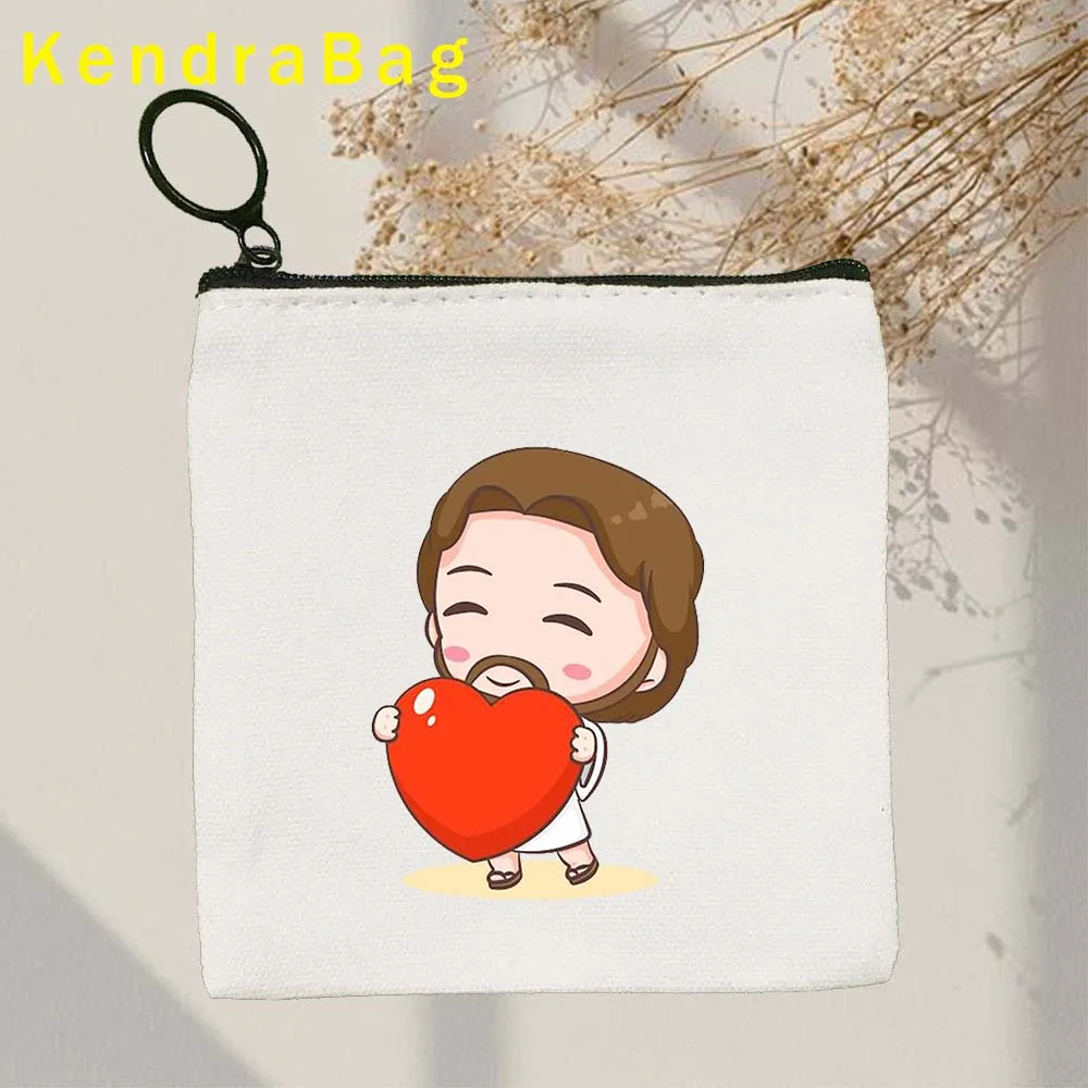 Cartoon Jesus Christ Floral Cross Love Faith Cute Christian Bible Belief Gift Canvas Coin Purse Key Case Bag Wallet Zipper Pouch