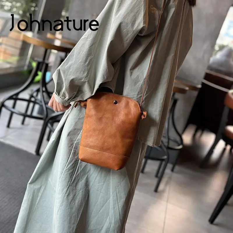 Johnature Leisure Women Bag 2024 New Genuine Leather Mobile Phone Small Shoulder Bags Simple Soft Cowhide Messenger Bag