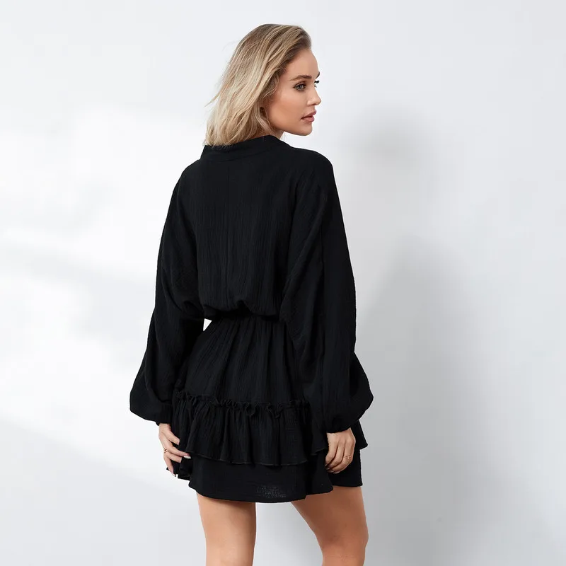 WPNAKS Women Long Sleeve Mini Dress Spring Autumn Clothes Casual Solid Color Layered Ruffle Dress Woman Clothing Club Streetwear