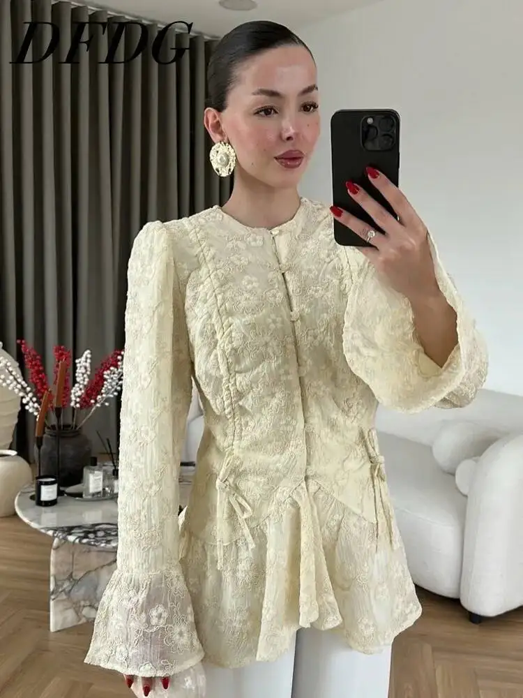 

DFDG Women 2026 Spring Summer Lace Embroidery Peplum Blouse Crew Neck Flare Sleeve Drawstring Waist Elegant Casual Tops