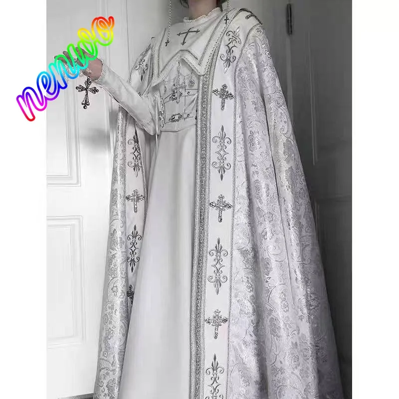 

Gothic Style Bubble Long Sleeve Nun Lolita Cosplay White Dress Cape Full Set Luxurious Medieval Costume Robe for Women