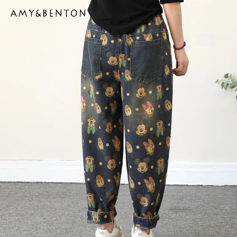 

American Retro Cartoon Print Denim Pants Ladies Loose Oversized Lace-up Casual Cropped Harem Pants Autumn Kawaii Jeans Trousers