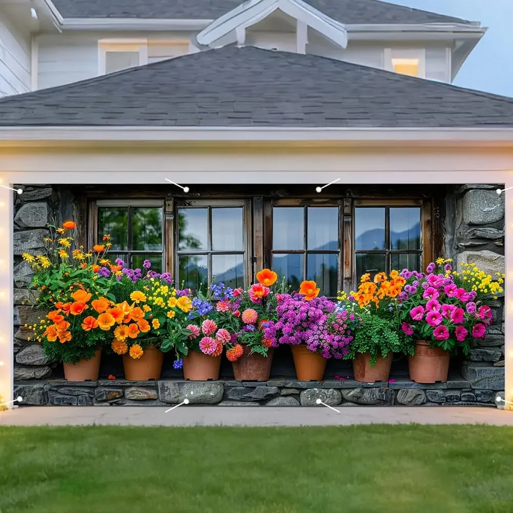 

Весенний чехол для гаражных ворот, декоративный, с узорами: камень, окно, цветочный горшок, горный пейзаж, полиэстер, 157.48x70.87 дюймов, Spring Gara