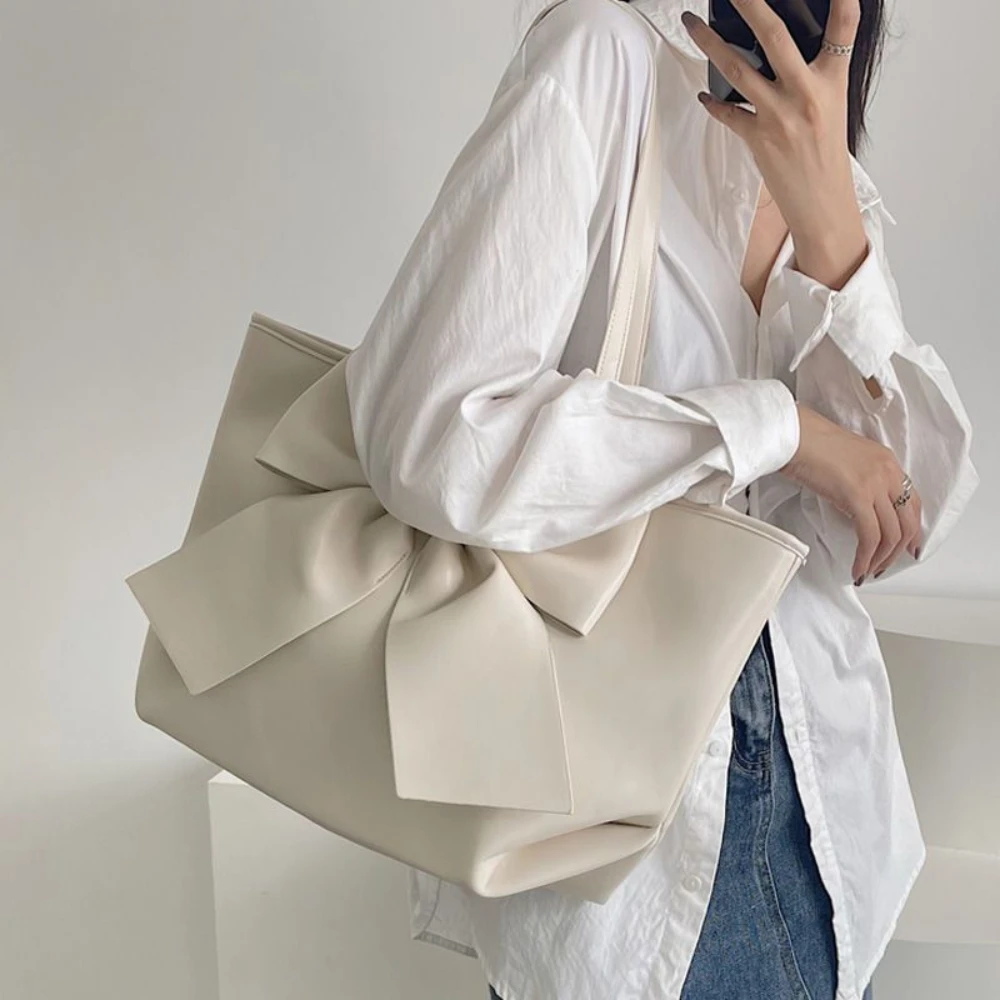 Bow High-Capacity Tote Bag Women PU Fashion Korean Simple Shoulder Bag Handbag Shopping Bags