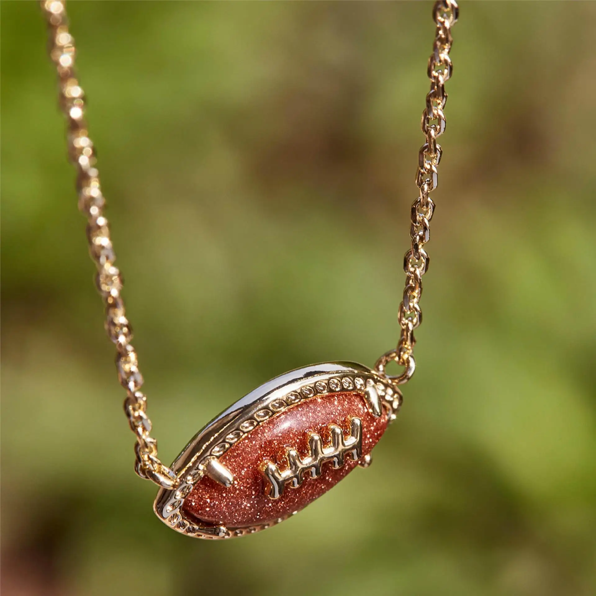 American Football Pendant Necklace Orange Goldstone Football Short Chain Bracelet Earrings Fashion Jewelry Ladies Unique Gifts