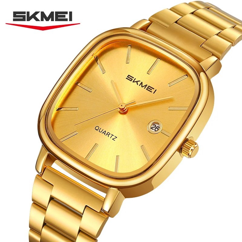 

SKMEI 2551 Ретро квадратный корпус из цинкового сплава, золотой ремешок из нержавеющей стали, 30 м, водонепроницаемость, функция времени и даты, мужские кварцевые часы