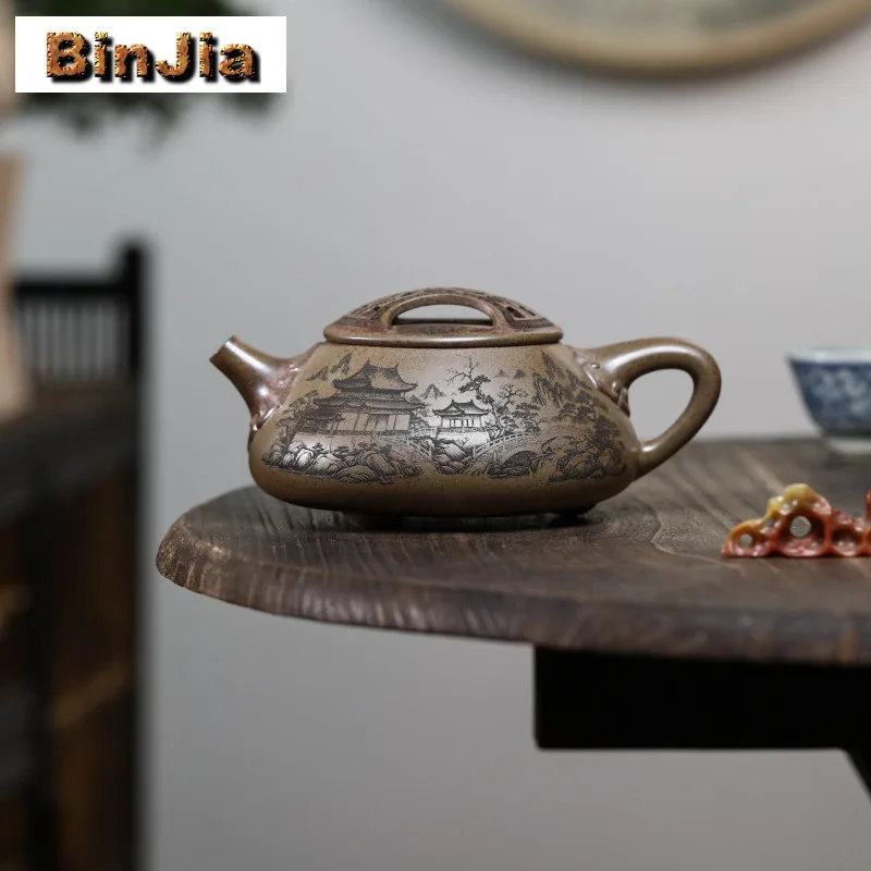 

550ml Luxury Yixing Purple Clay Teapots Handmade Stone Scoop Pot Raw Ore Wood-fired Porcelain Mud Kettle Chinese Zisha Tea Set