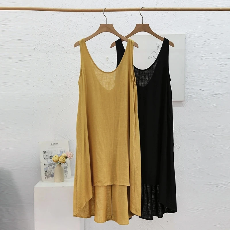 Cotton Linen Solid Summer Dress Women Elegant Sleeveless O Neck Loose Sundress Loose Long Dresses A-Line Streetwear Mini Dress