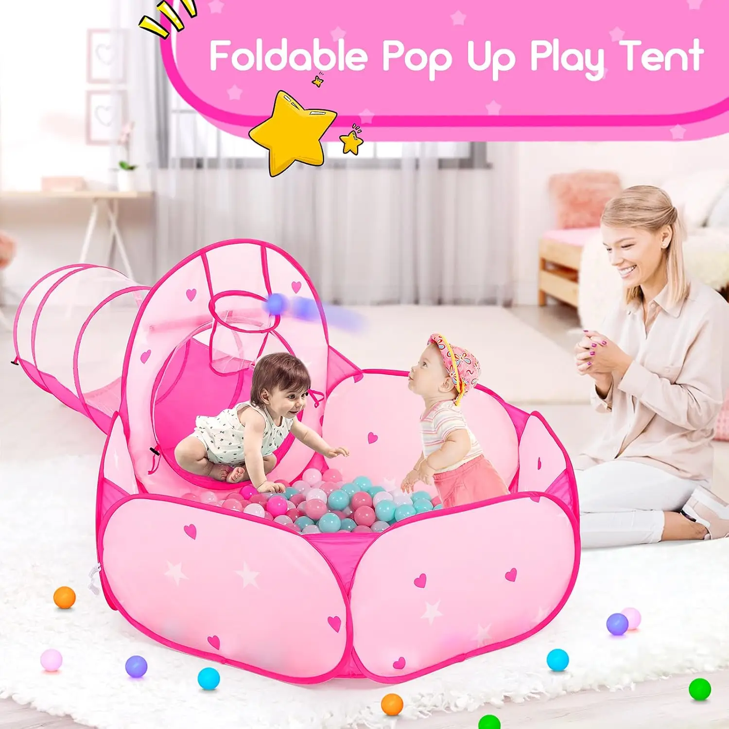 Barraca de brincar infantil de 3 peças para meninas com poço de bolinhas, túnel de engatinhar, barracas de princesa para crianças, brinquedos de casa de brincar do mundo do espaço do bebê, meninos ind