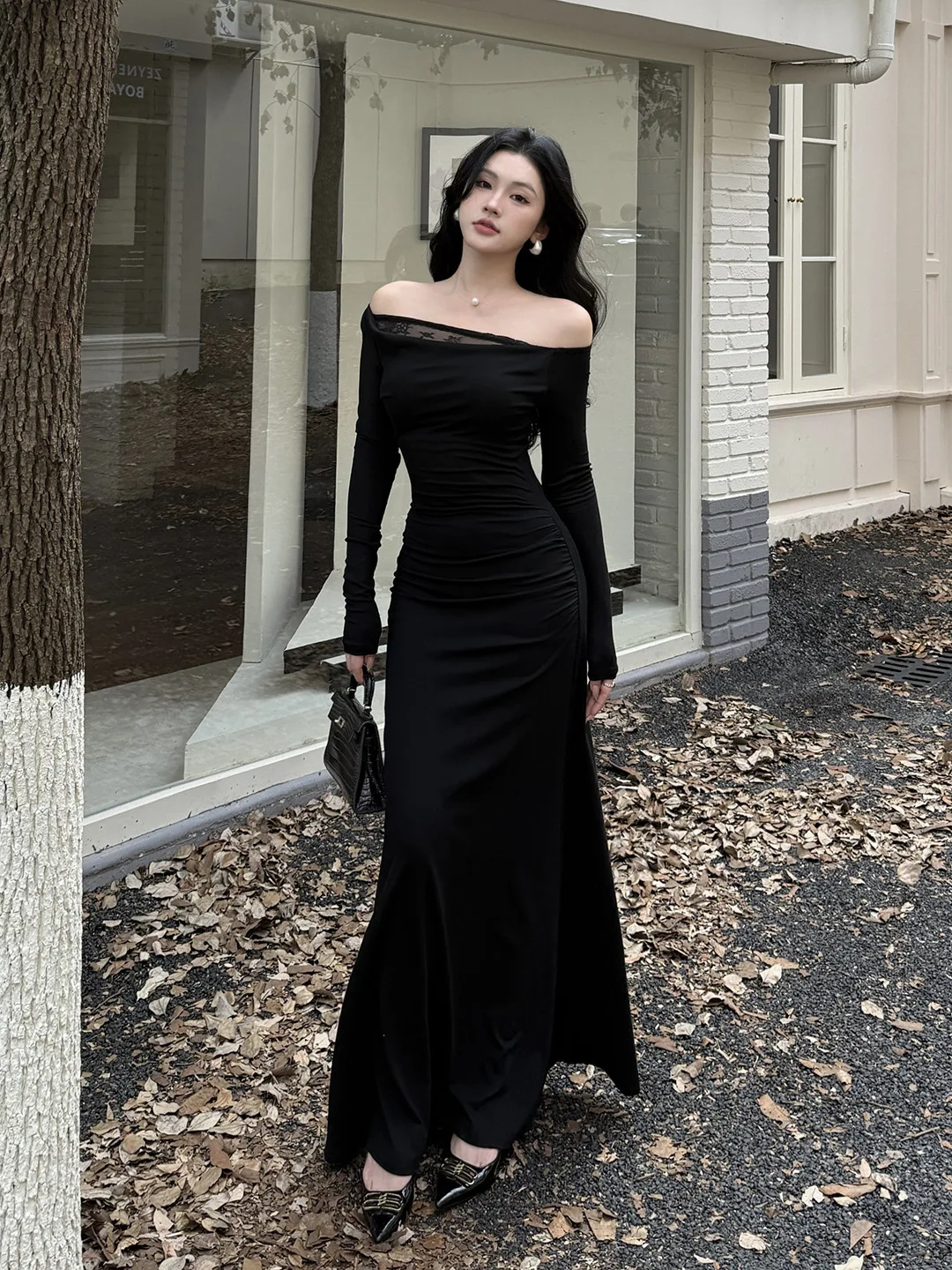Sexy Off-the-shoulder Lace Panel Design Black A-line Long-sleeve Ankle-length Dress For Women Autumn Slim Party Dinner Events