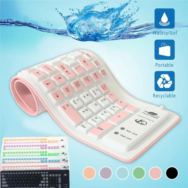 

103 Keys Portable USB Keyboard Flexible Waterproof Soft Color Silicone Gaming Keyboard Tablet Foldable Laptop Computer Keyboard