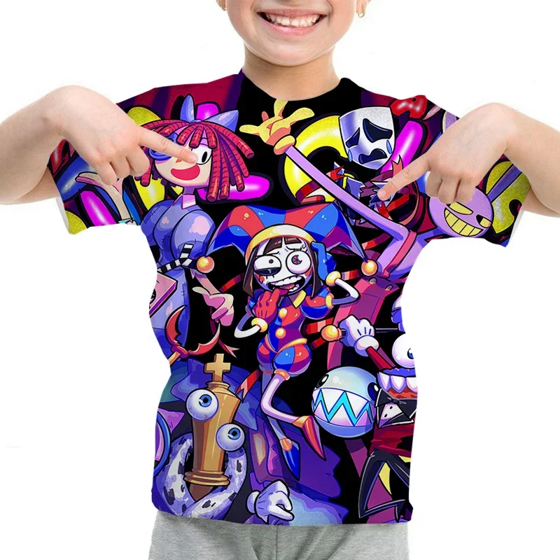 2024 Disney Anime erstaunliche digitale Zirkus Kinder 3D T-Shirts Jungen Mädchen Anime lässig Sommer Kurzarm Kleidung Kinder T-Shirt