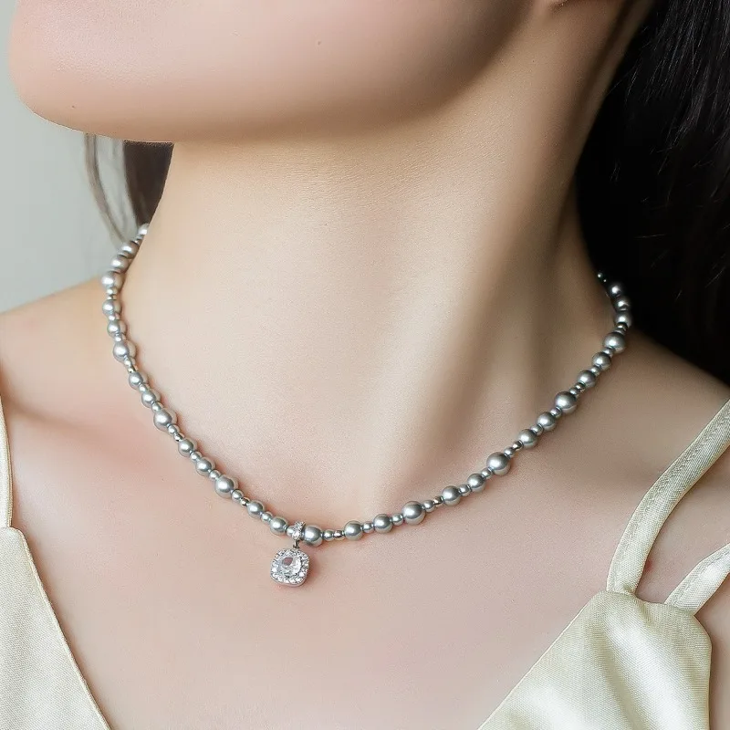 

New Style Gray Pearl Necklace for Women Summer Women's High-end Light Luxury Simple Sugar Cube Zircon Pendant Collarbone Chain