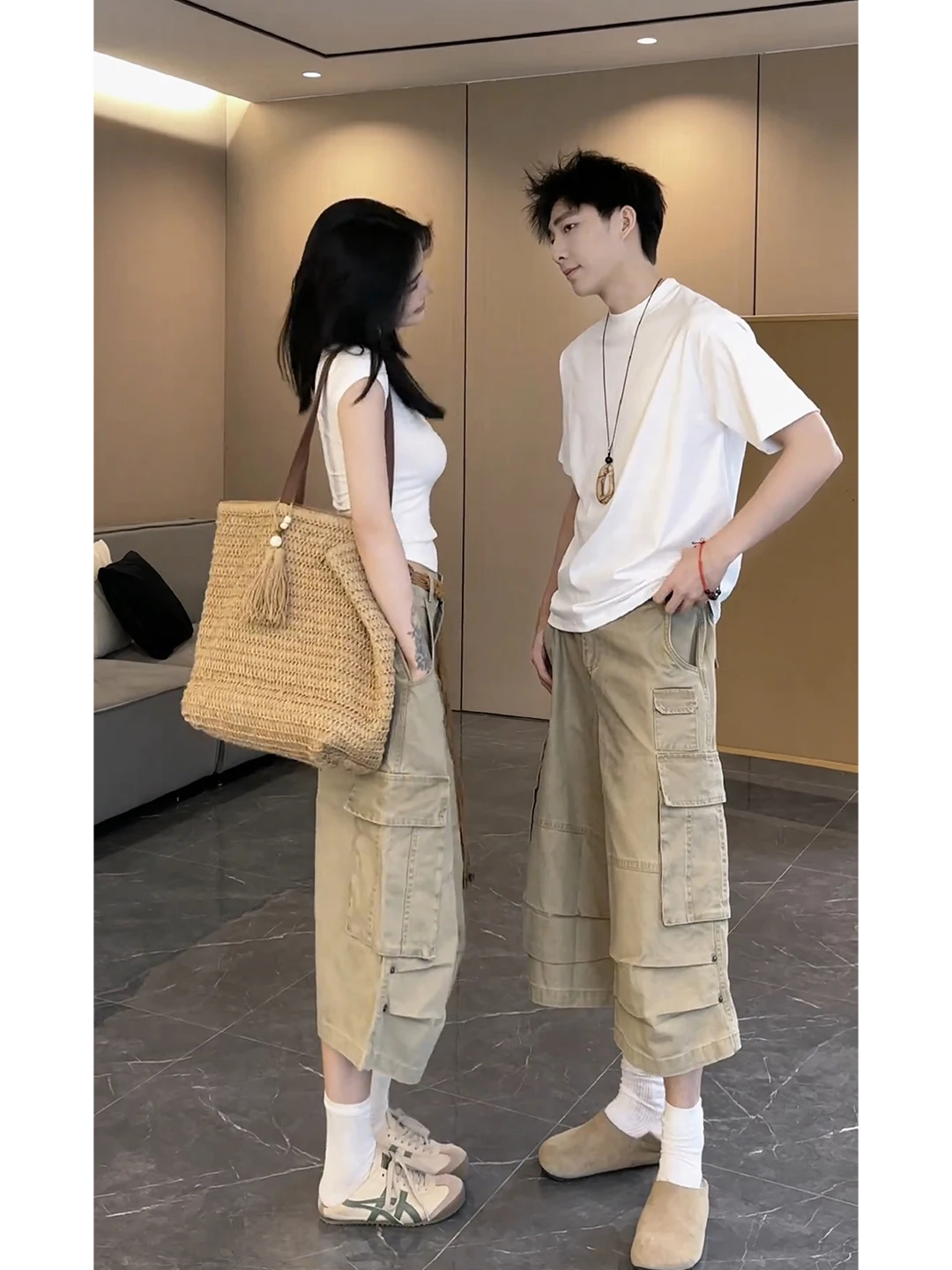 Kaki multi-ket zeven-voet jeans losse hoge taille wijde pijpen werkkleding broek voor mannen en vrouwen zomer casual broek