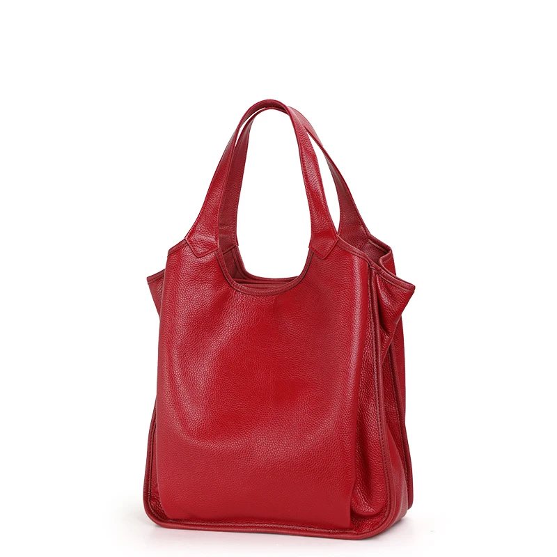 A simple solid color large capacity women's tote bag made of high-quality soft cowhide, with a single shoulder underarm bag