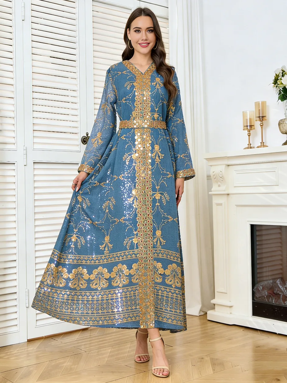 

Middle East Ramadan Moroccan Muslim Jalabiya Mesh Embroidered Evening Dress Dubai Tourist Dress Luxury Fashion Robe