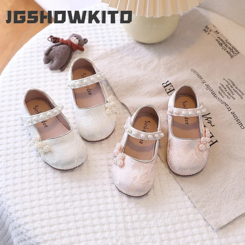 JGSHOWKITO Girls Princess Shoes with Pearls Beading Chinese Knot Classic Chic Sweet Kids Flats Traditional Ethnic Dress Shoes
