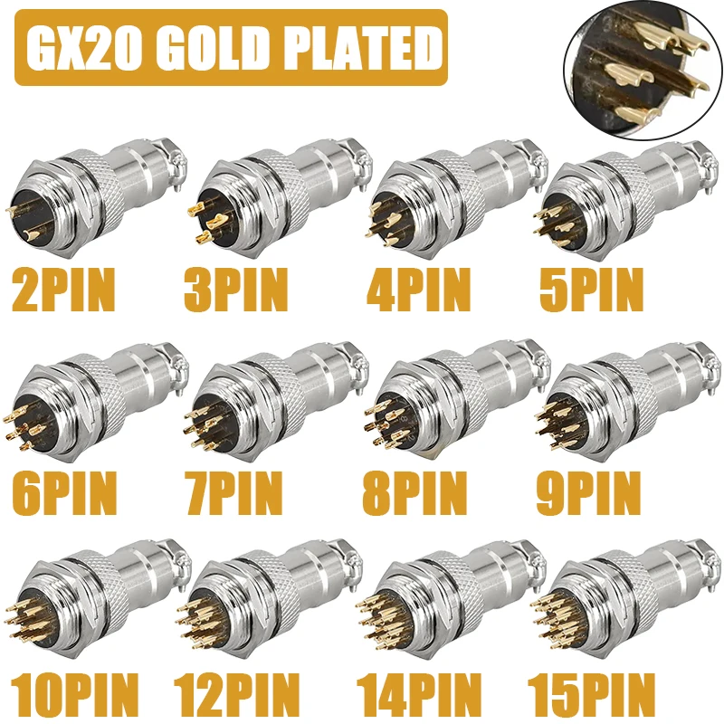 5/20/100Set GX20 Gold Plated Aviation Plug Socket 2 3 4 5 6 7 8 9 10 12 15 PIN Male Female 20mm Wire Panel Nut Type Connector