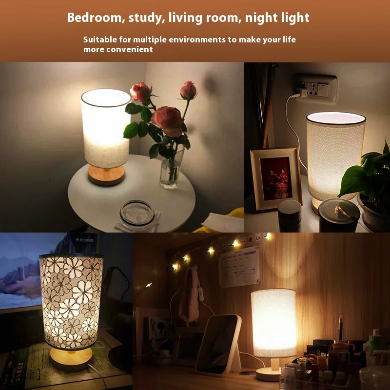 Scandinavian Wood USB Desk Lamp, Remote Control LED Night Light, Fabric Shade for Bedroom Study Room Decor