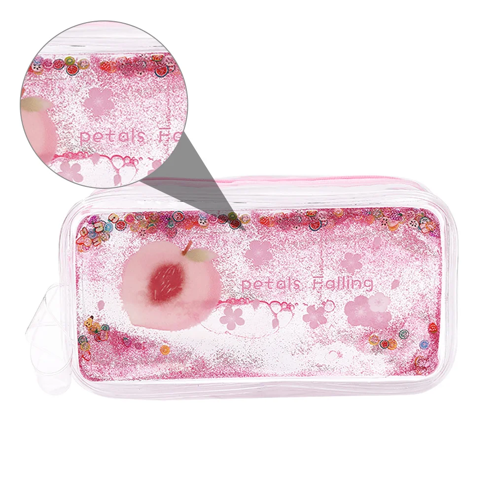 1Pcs Peach Pattern PVC Pen Bag Quicksand Shiny Pencil Case Portable Stationery Bag Travel Organizer Colorful Handle