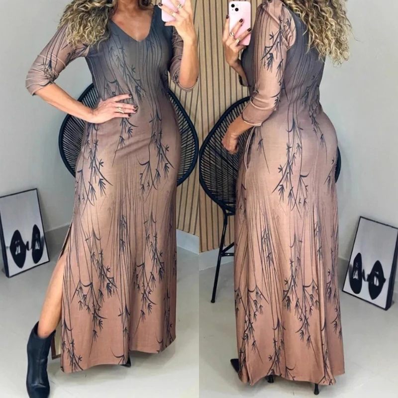 

Dresses for Women 2025 Autumn Elegant Sexy Ombre & Plants Print V-Neck Three Quarters Sleeve Side Slit Vacation Long Dress
