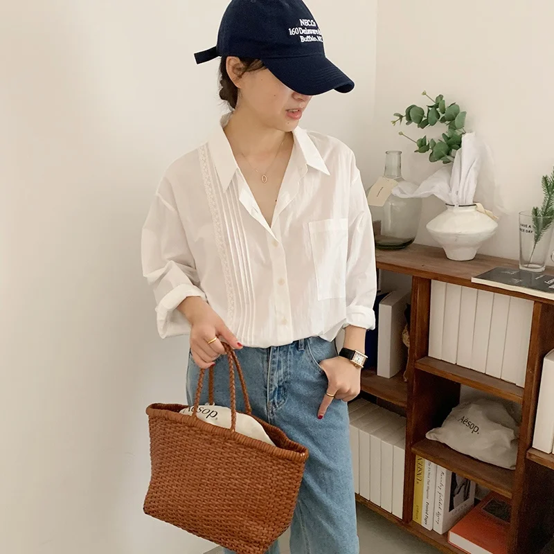 

Early Spring New Sle Loose Cotton Blend Women's irt with kets Lace Detail Collar Breathable Long Sve White irt