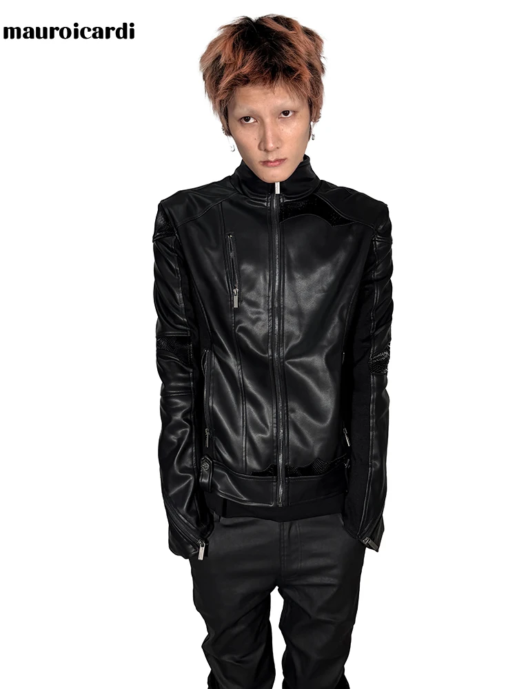 Mauroicardi Autumn Short Fitted Black Snakeskin Patchwork Pu Leather Jacket Men Stand Collar Punk Style Zip Up Clothes Menswear