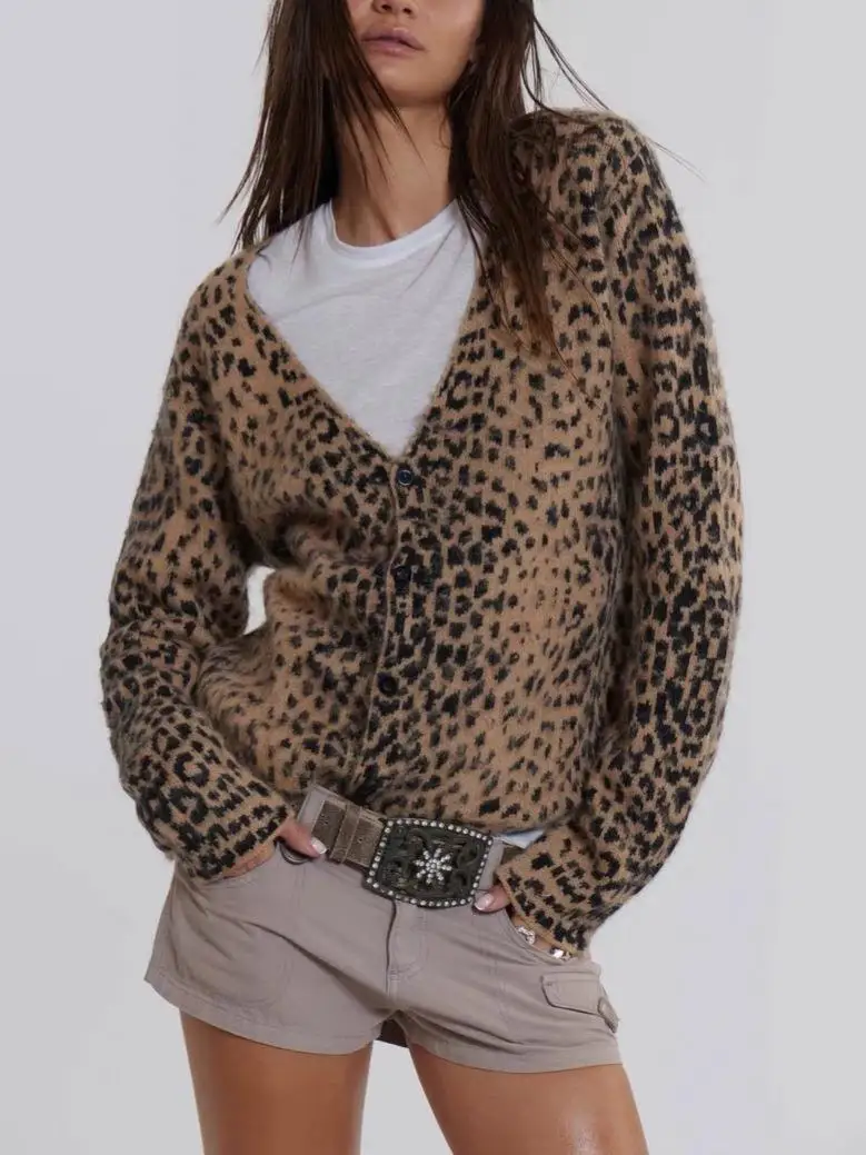 

Casual Leopard Knit Sweater Women's V-Neck Long Sleeve Single Breasted Open Front Coat 2025 Autumn New Lady Vintage Cardigan