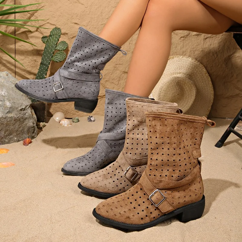 Botas de tacón de bloque con recortes de gamuza, estilo fresco, para mujer, moda 2026, con punta puntiaguda, hebilla metálica, antideslizantes y resistentes al desgaste, sandalias tipo slide para mujer