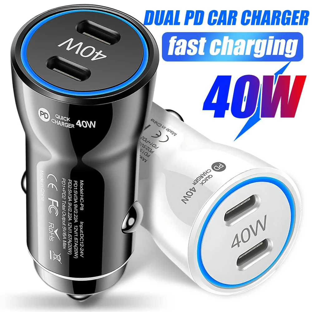 40W Dual PD Fast Charger TYPE-C Port Car Chargers Car Phone Charger Black White Cars Charger Auto Interior Accessories