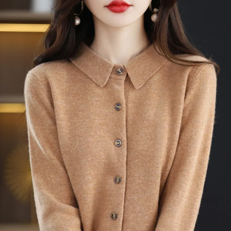 Women\'s Lapel Pure Wool Cardigan Autumn And Winter New Merino Cashmere Sweater Long Sleeve Formal Knitting Top S-XXL