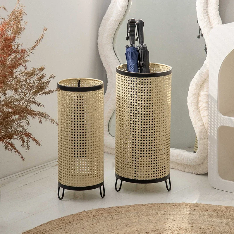 

Nordic Household Umbrella Stand Rattan Woven Hollow-Out Design Breathable and Drainable for Versatile Parasol Storage