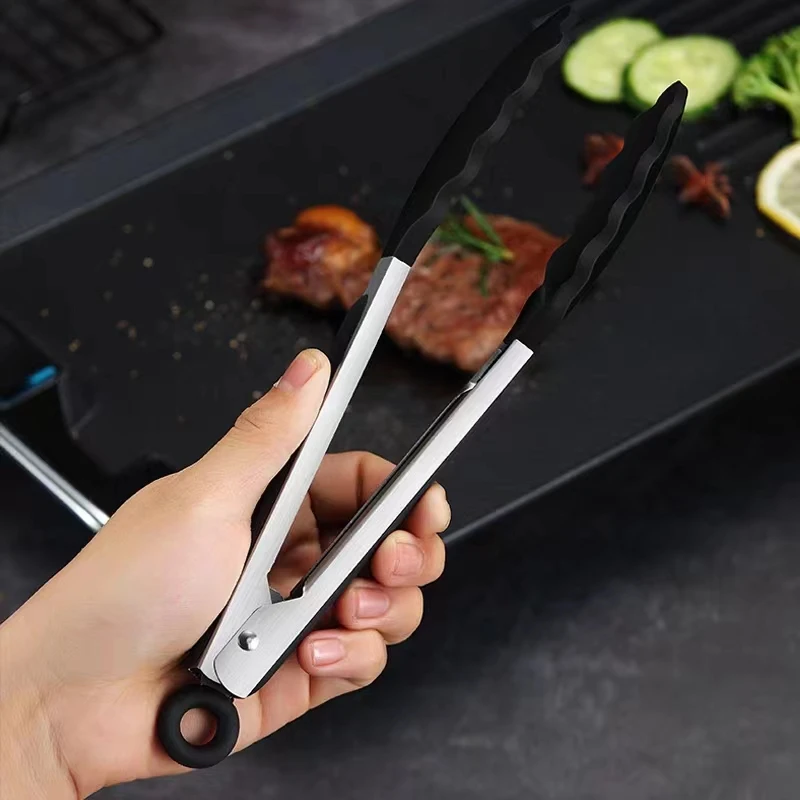 1 Pc Black Silicone Food Tongs, Stainless Steel Food Tongs Outdoor BBQ Clamps For Camping Kitchen Tongs For Baking Steak